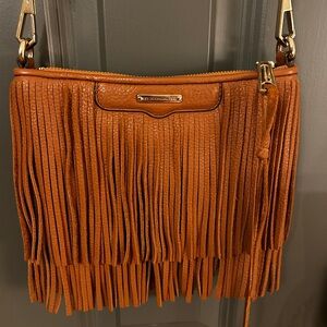 Rebecca Minkoff Fringe Finn Leather Crossbody Bag in Almond (brown), worn once